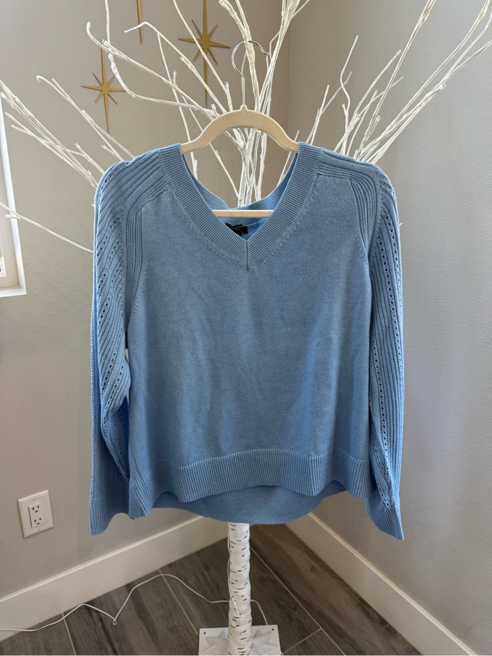 Talbots Sky Blue V-Neck Openwork Sleeve Sweater